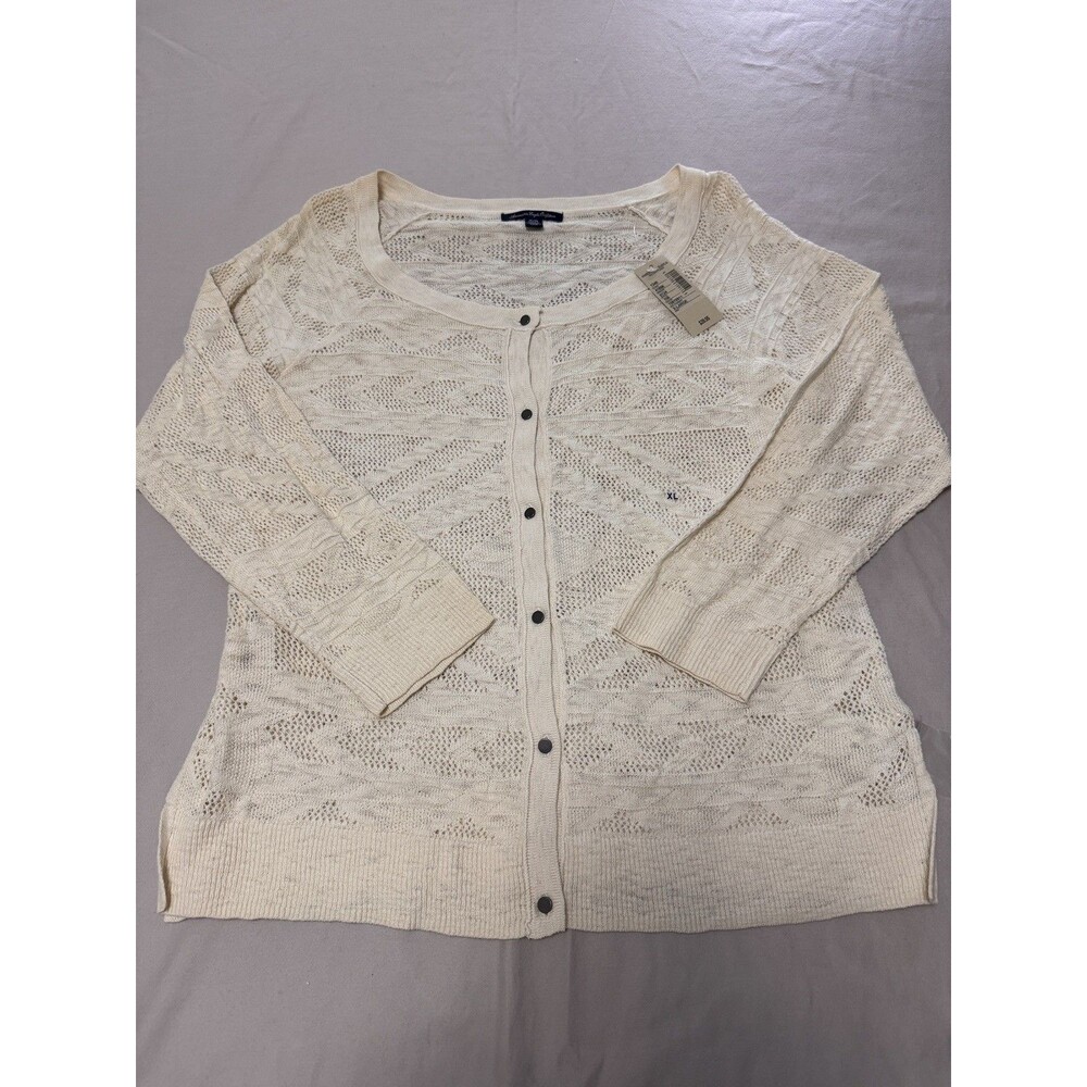 NWT American Eagle Ivory Coquette Pointelle Knit Button Front Cardigan Women XL